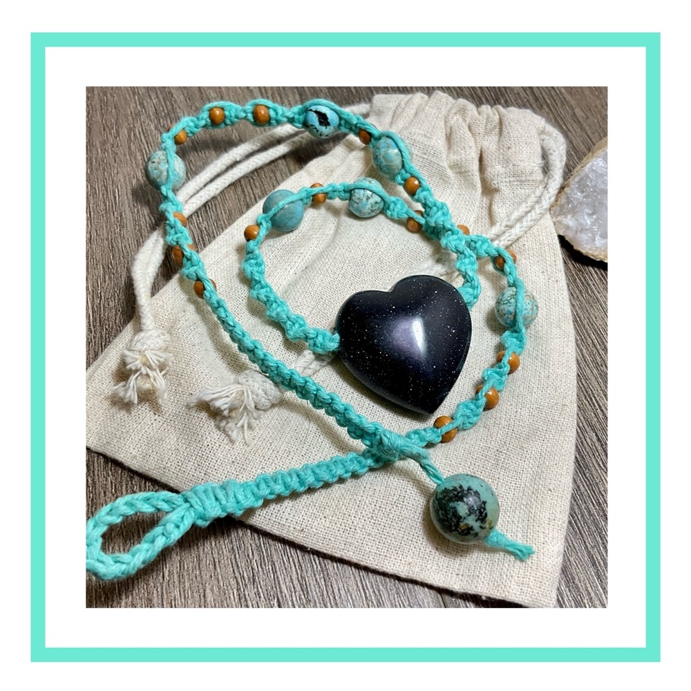 Large Goldstone heart and African turquoise hemp necklace,eco friendly jewelry